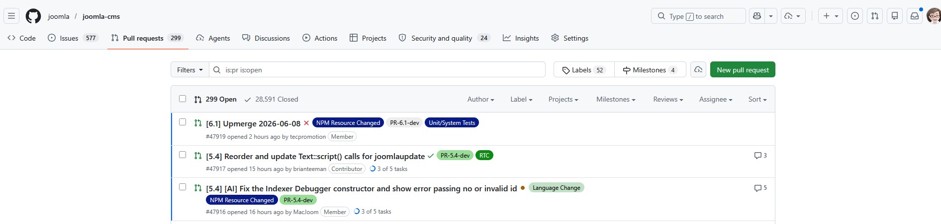 Screenshot von offenen PRs auf GitHub