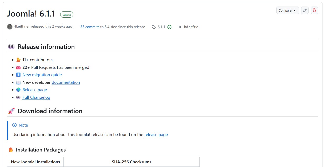 Screenshot Joomla! 6.1.1 Release auf GitHub