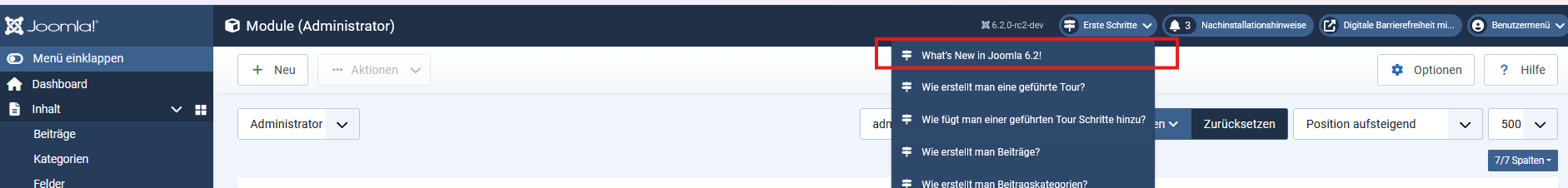 Button zu Neuigkeiten der Joomla Version im Hauptmenü - Erste Schritte