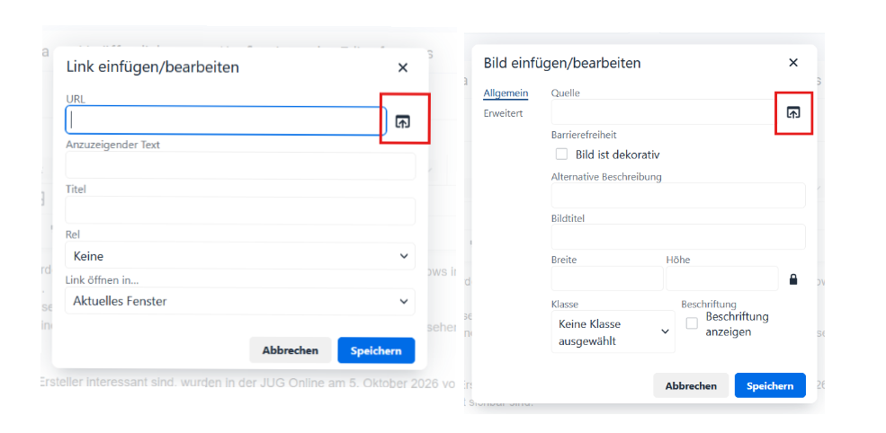 die popovers im tinyMCE enthalten oben rechts Buttons zur Auswahl von Links aus dem Content